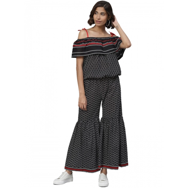 Dropship Women's Casual shoulder sleeve Geomatrical Printed Cotton Dress (Black)