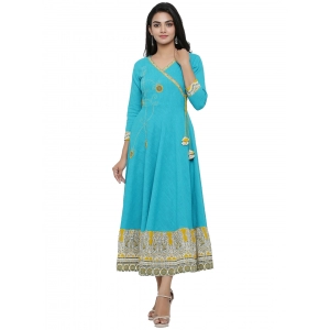 Generic Women's Casual 3/4 th Sleeve Embroidery Cotton Blend Kurti (Torque Green)