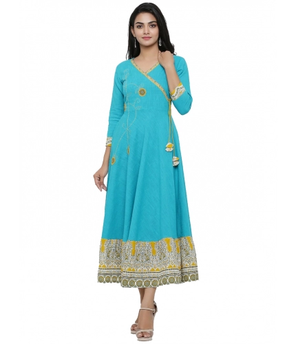 Women's Casual 3/4 th Sleeve Embroidery Cotton Blend Kurti (Torque Green)