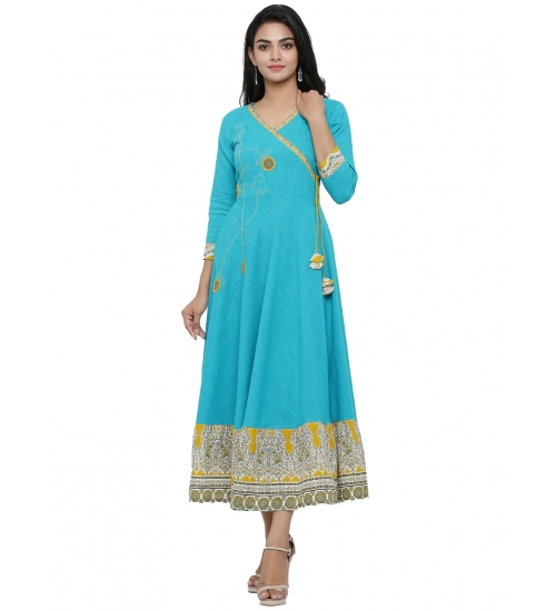 Women's Casual 3/4 th Sleeve Embroidery Cotton Blend Kurti (Torque Green)