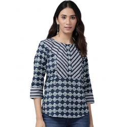 Women's Casual 3/4 th Sleeve Floral Printed Cotton Top (Blue)