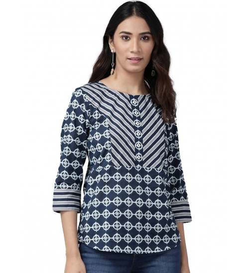 Women's Casual 3/4 th Sleeve Floral Printed Cotton Top (Blue)