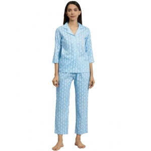 Generic Women's Casual 3/4 th Sleeve Floral Printed Rayon Shirt With Pyjama Pant Night Suit Set (Blue)