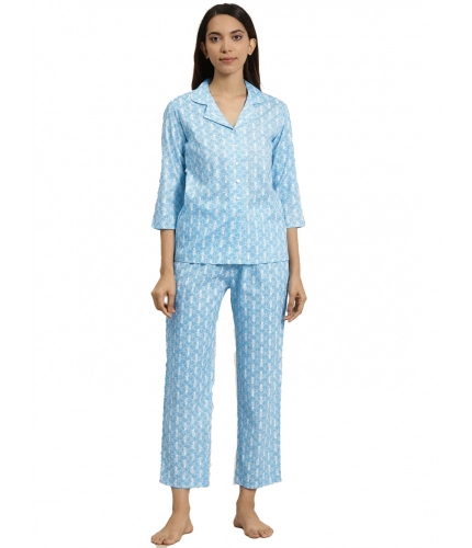 Women's Casual 3/4 th Sleeve Floral Printed Rayon Shirt With Pyjama Pant Night Suit Set (Blue)