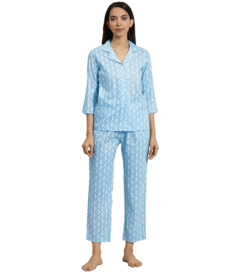 Women's Casual 3/4 th Sleeve Floral Printed Rayon Shirt With Pyjama Pant Night Suit Set (Blue)