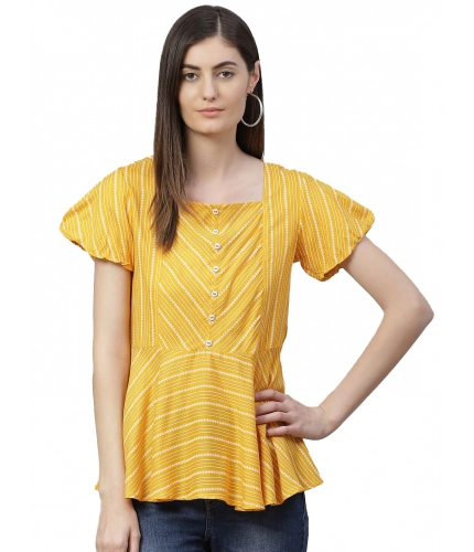 Women's Casual Short Sleeves Stripe Printed Rayon Top (Mustard)