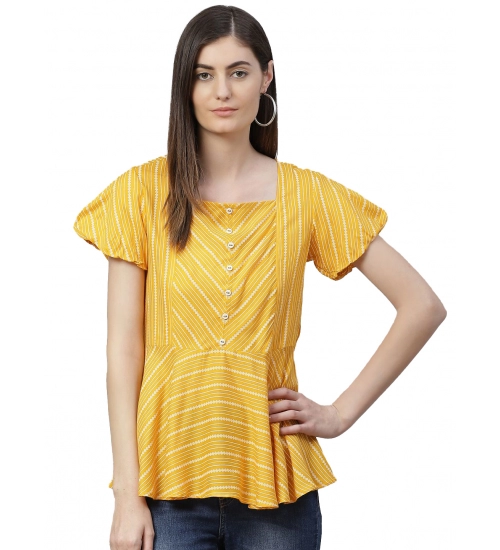 Women's Casual Short Sleeves Stripe Printed Rayon Top (Mustard)