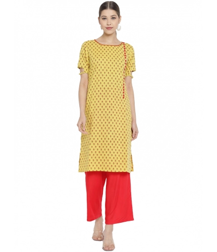 Women's Casual Short Sleeves Floral Printed Cotton &amp; Rayon Kurti Palazzo Set (Yellow &amp; Red)