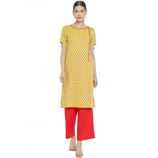 Dropship Women's Casual Short Sleeves Floral Printed Cotton &amp; Rayon Kurti Palazzo Set (Yellow &amp; Red)