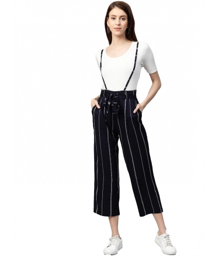 Women's Casual Short Sleeve Striped Rayon Dungaree (Blue)