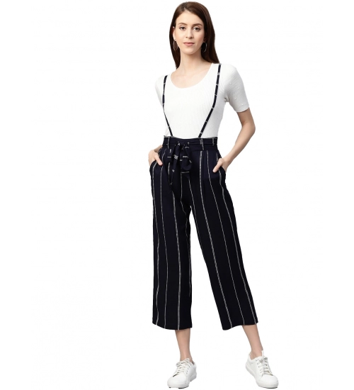 Women's Casual Short Sleeve Striped Rayon Dungaree (Blue)