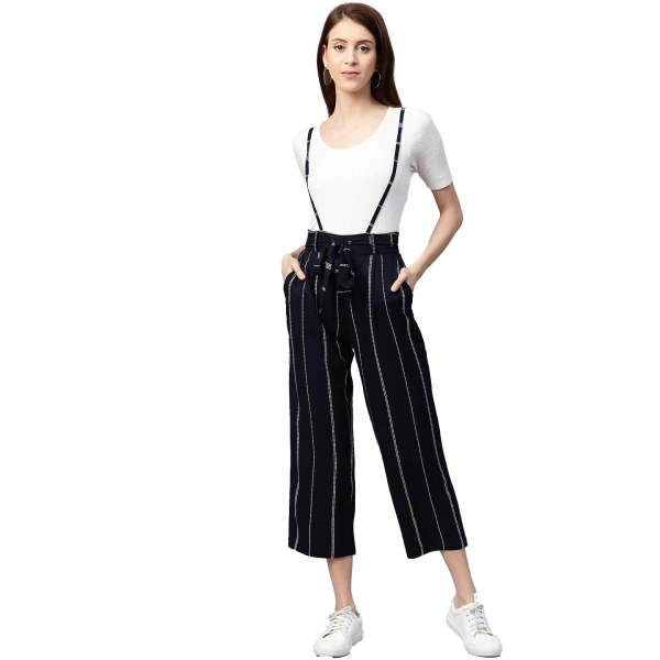 Dropship Women's Casual Short Sleeve Striped Rayon Dungaree (Blue)