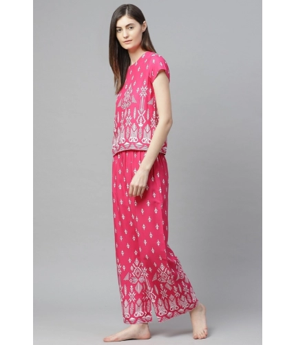 Women's Casual Short Sleeve Printed Rayon Pajama Set (Pink)