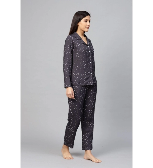 Women's Casual Full Sleeves Polka Dot Printed Rayon Shirt With Pyjama Pant Night Suit Set (Grey)