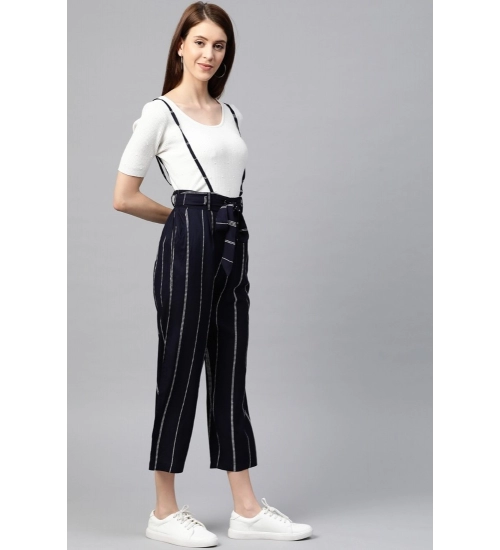 Women's Casual Short Sleeve Striped Rayon Dungaree (Blue)