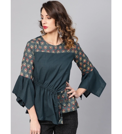 Women's Casual Bell Sleeves Floral Printed Cotton Slub Top (Grey)