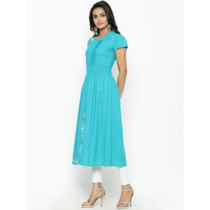 Generic Women's Casual Short Sleeve Embroidery Cotton Slub Kurti (Torque Green)