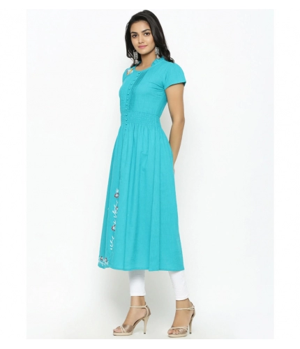 Women's Casual Short Sleeve Embroidery Cotton Slub Kurti (Torque Green) Women's Casual Short Sleeve Embroidery Cotton Slub Kurti (Torque Green)