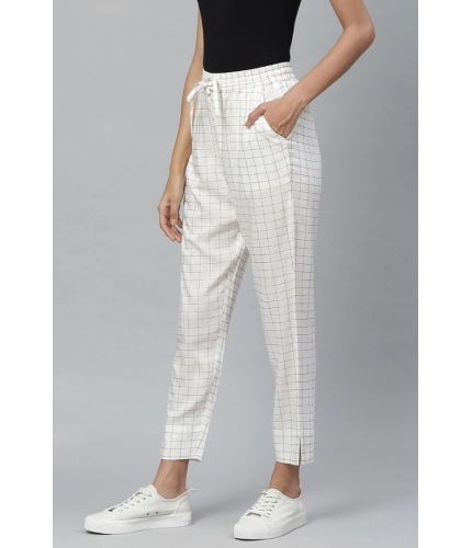 Women's Casual Checked Rayon Trouser Pant (White)