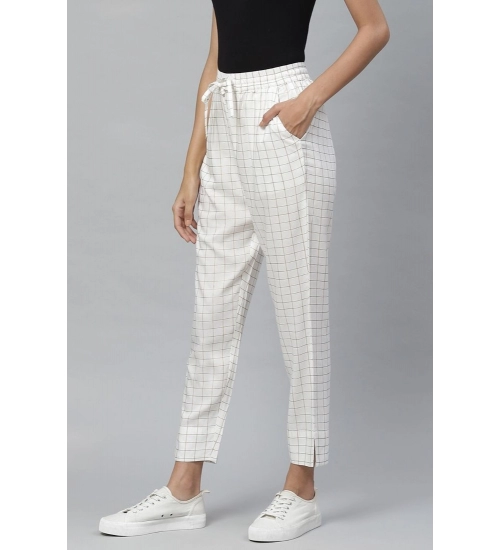 Women's Casual Checked Rayon Trouser Pant (White)
