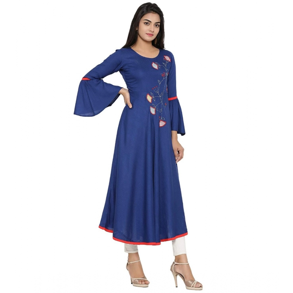 Women's Casual Bell Sleeves Embroidery Rayon Kurti (Blue) Women's Casual Bell Sleeves Embroidery Rayon Kurti (Blue)