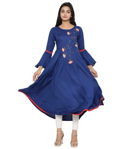 Women's Casual Bell Sleeves Embroidery Rayon Kurti (Blue)