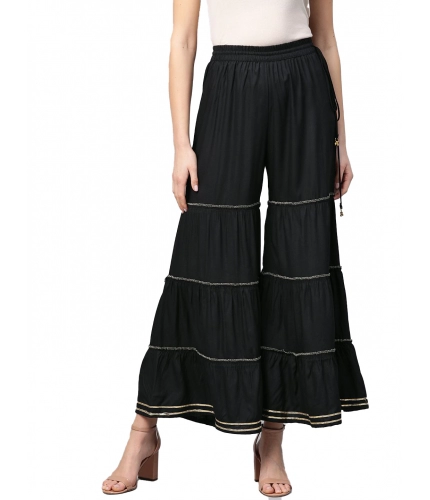 Women's Casual Solid Rayon Sharara (Black)
