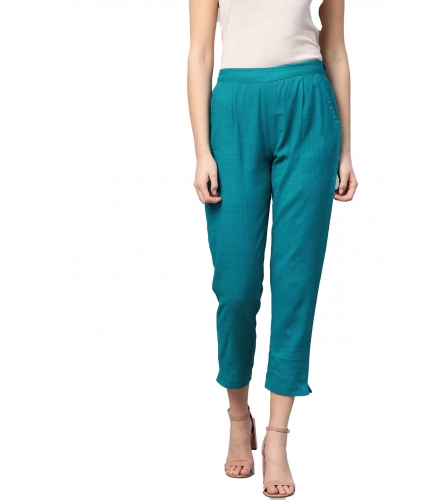 Women's Casual Solid Cotton Slub Trouser Pant (Rama Blue)