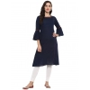 Women's Casual Bell Sleeves Solid Cotton Slub Kurti (Blue)