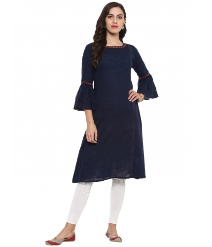 Women's Casual Bell Sleeves Solid Cotton Slub Kurti (Blue)