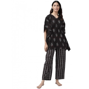 Generic Women's Casual Kimono Sleeve Floral Printed Cotton Pyjama Set (Black)