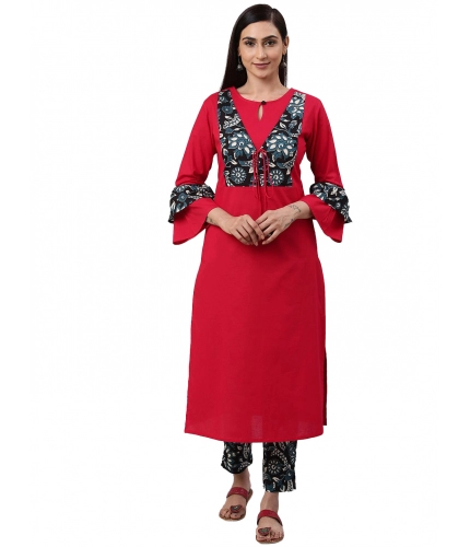 Women's Casual Bell Sleeves Floral Printed Cotton Kurti Set (Rani Pink)