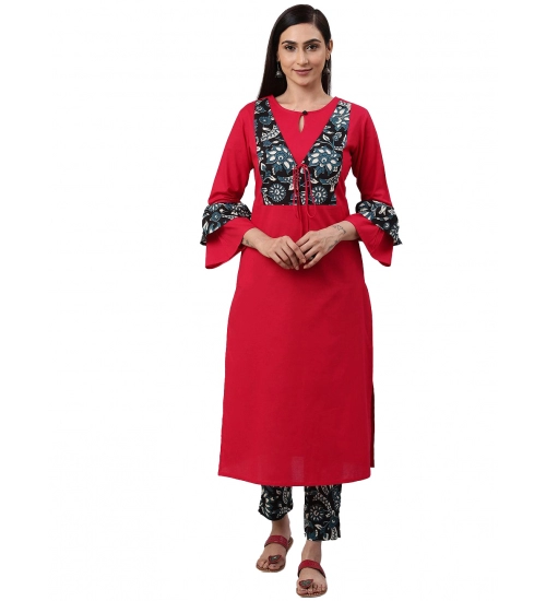 Women's Casual Bell Sleeves Floral Printed Cotton Kurti Set (Rani Pink)