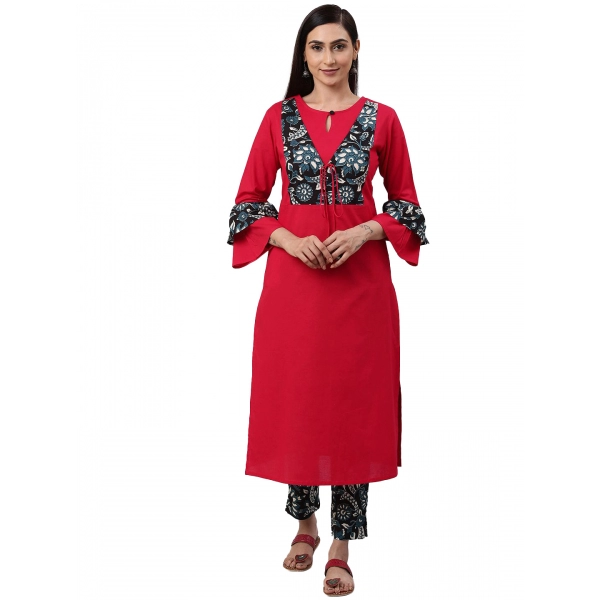 Dropship Women's Casual Bell Sleeves Floral Printed Cotton Kurti Set (Rani Pink)
