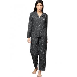 Generic Women's Casual Full Sleeves Polka Dot Printed Rayon Shirt With Pyjama Pant Night Suit Set (Grey)