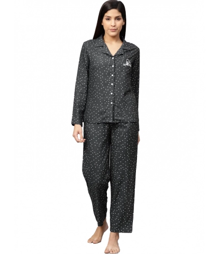 Women's Casual Full Sleeves Polka Dot Printed Rayon Shirt With Pyjama Pant Night Suit Set (Grey)