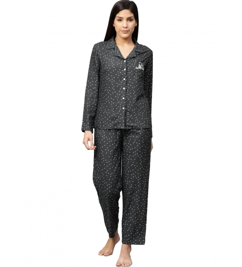 Women's Casual Full Sleeves Polka Dot Printed Rayon Shirt With Pyjama Pant Night Suit Set (Grey)