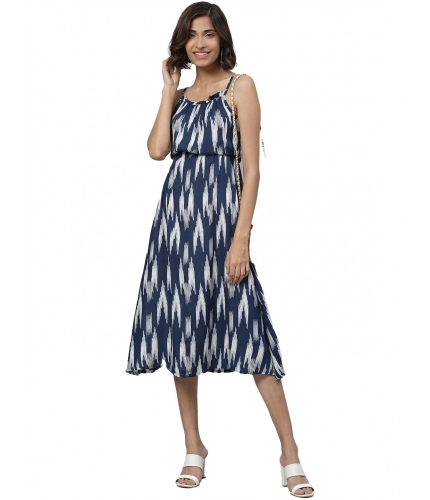 Women's Casual Sleeveless Ikat Print Rayon Dress (Blue)