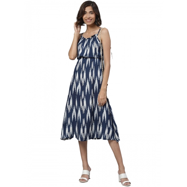 Dropship Women's Casual Sleeveless Ikat Print Rayon Dress (Blue)