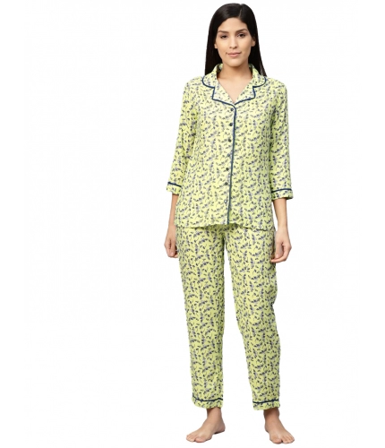 Women's Casual 3/4 Sleeve Floral Printed Rayon Shirt With Pyjama Pant Night Suit Set (Green)