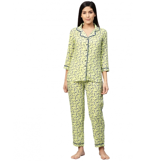 Women's Casual 3/4 Sleeve Floral Printed Rayon Shirt With Pyjama Pant Night Suit Set (Green)