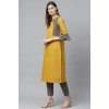 Dropship Women's Casual Bell Sleeves Geomatrical Printed Cotton Kurti Set (Yellow)