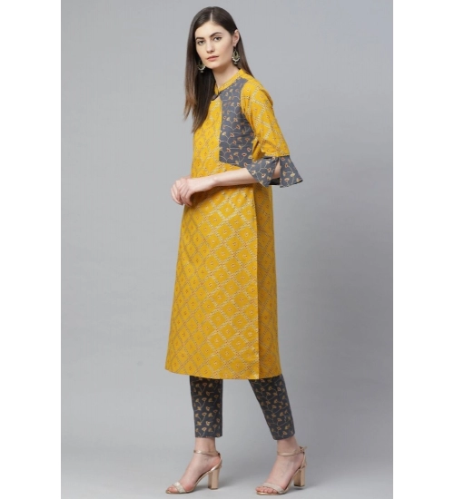 Women's Casual Bell Sleeves Geomatrical Printed Cotton Kurti Set (Yellow)