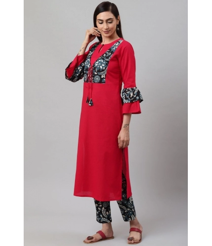 Women's Casual Bell Sleeves Floral Printed Cotton Kurti Set (Rani Pink) Women's Casual Bell Sleeves Floral Printed Cotton Kurti Set (Rani Pink)