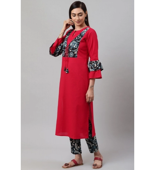 Women's Casual Bell Sleeves Floral Printed Cotton Kurti Set (Rani Pink)