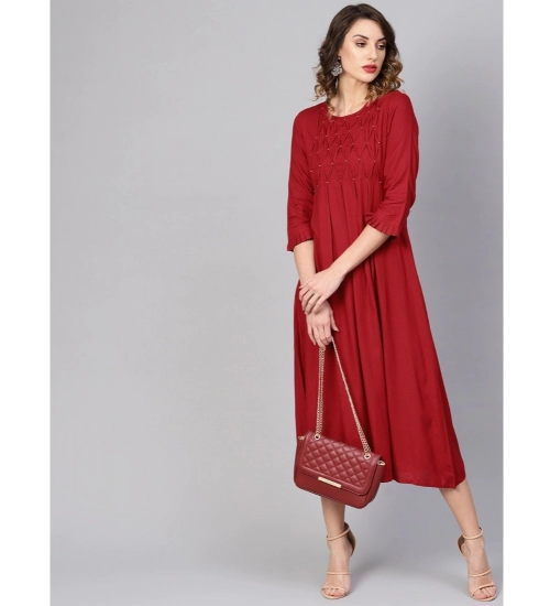 Women's Casual 3/4 th Sleeve Solid Rayon Dobby Dress (Maroon)