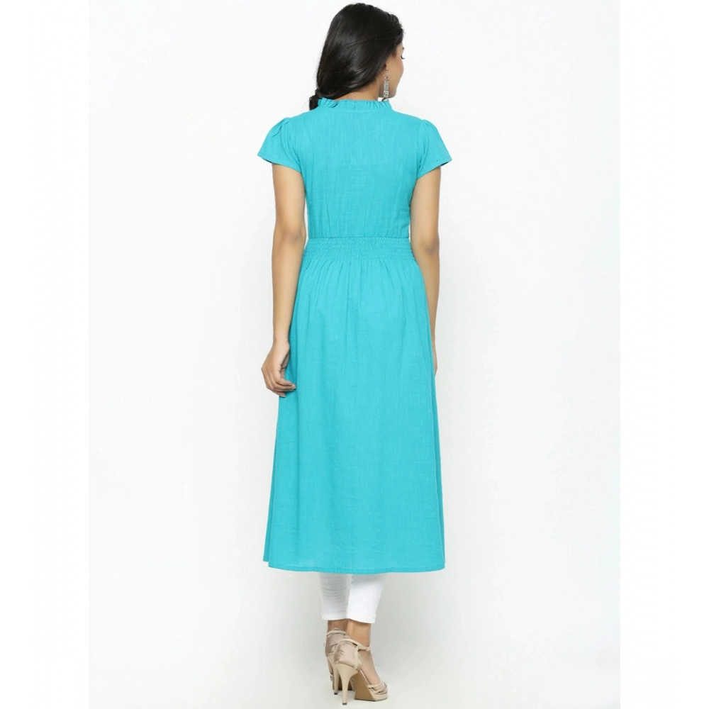 Women's Casual Short Sleeve Embroidery Cotton Slub Kurti (Torque Green) Women's Casual Short Sleeve Embroidery Cotton Slub Kurti (Torque Green)