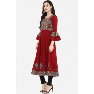 Generic Women's Casual Bell Sleeves Printed Cotton Kurti (Maroon)