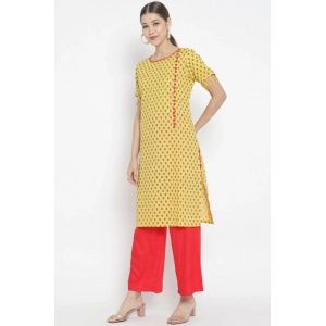 Generic Women's Casual Short Sleeves Floral Printed Cotton & Rayon Kurti Palazzo Set (Yellow & Red)