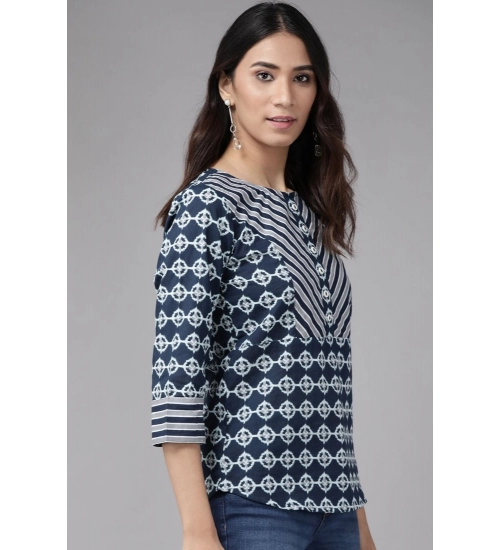 Women's Casual 3/4 th Sleeve Floral Printed Cotton Top (Blue)